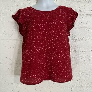 Papermoon Womens Top L Red Polka Dot Stretch Keyhole Back Ruffle Sleeve AX10